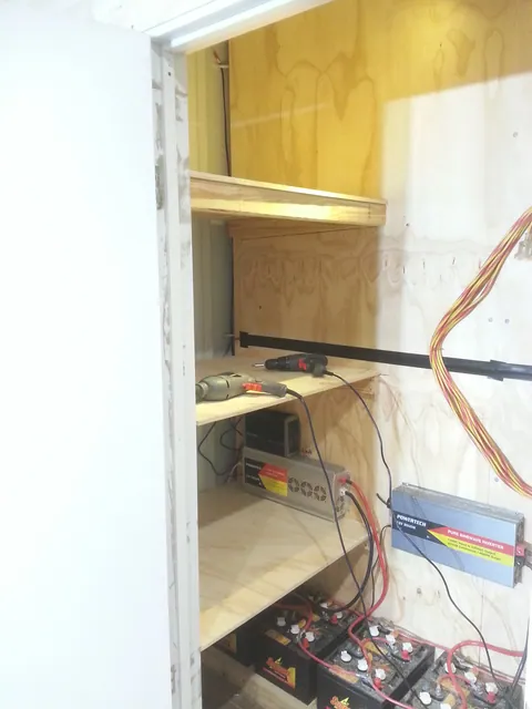 Shelving and power equipment inside the new service area.