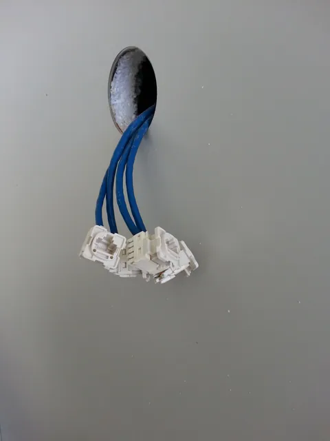 Data cables drawn through the wall before fitting the outlet.