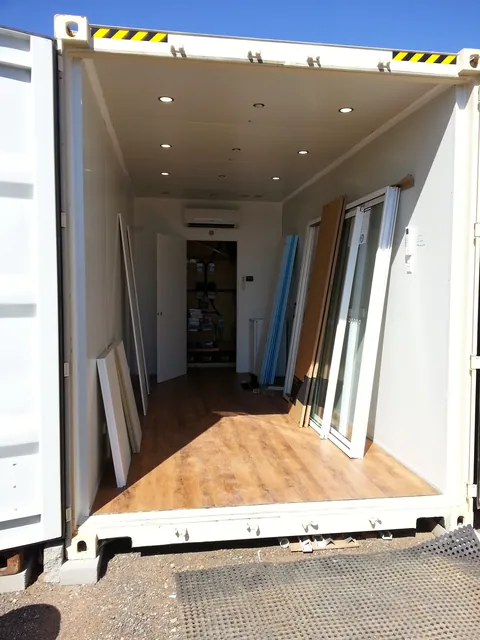 The lined and floored container ready for the main cabinetry.