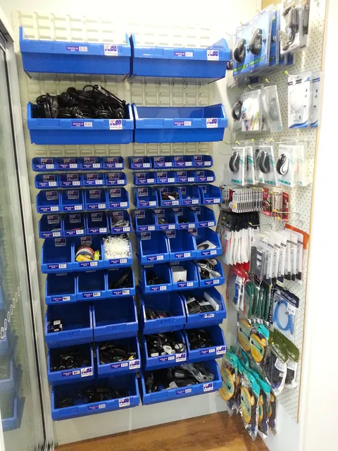 The parts bins and accessory display assembled together.