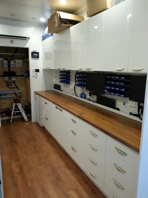 The finished bench and organised parts storage in December.