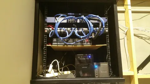 A view of the existing equipment rack and cabling.
