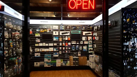 An evening view through the entrance shows the stocked displays.