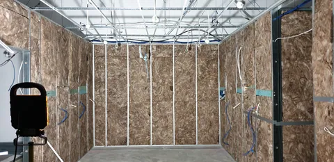 The workshop walls filled with insulation before plasterboard.