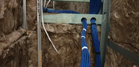 A close view of the blue service lines and horizontal bracing.