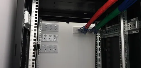 A closer look inside the developing network cabinet.