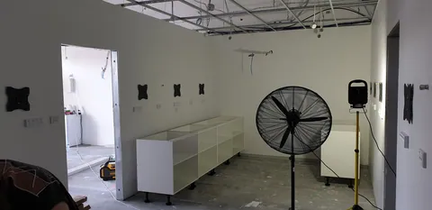 The first base cabinets positioned along the workshop wall.