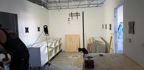 The cabinet layout viewed across the workshop.