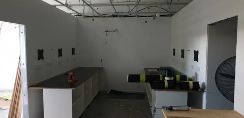 The workshop base cabinets before the benchtops are fitted.