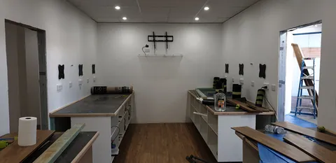 The workshop benches above the newly finished floor.
