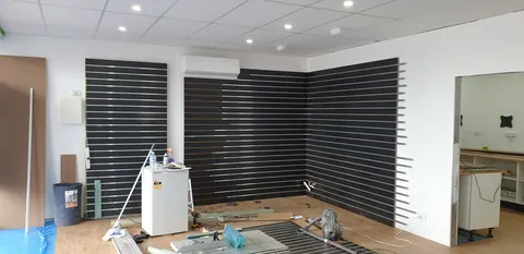 Display panels extending around the retail corner.