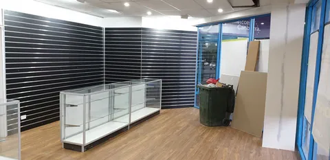 The showroom counters and cabinets approaching completion.
