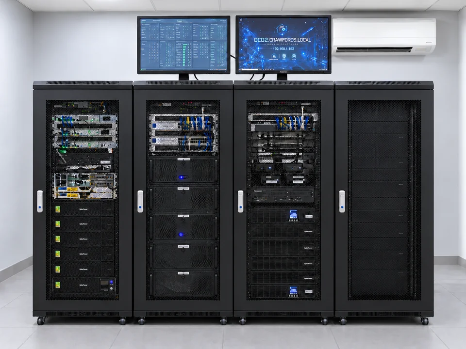 Crawfords server racks with two monitoring screens, network equipment, server chassis and power systems.