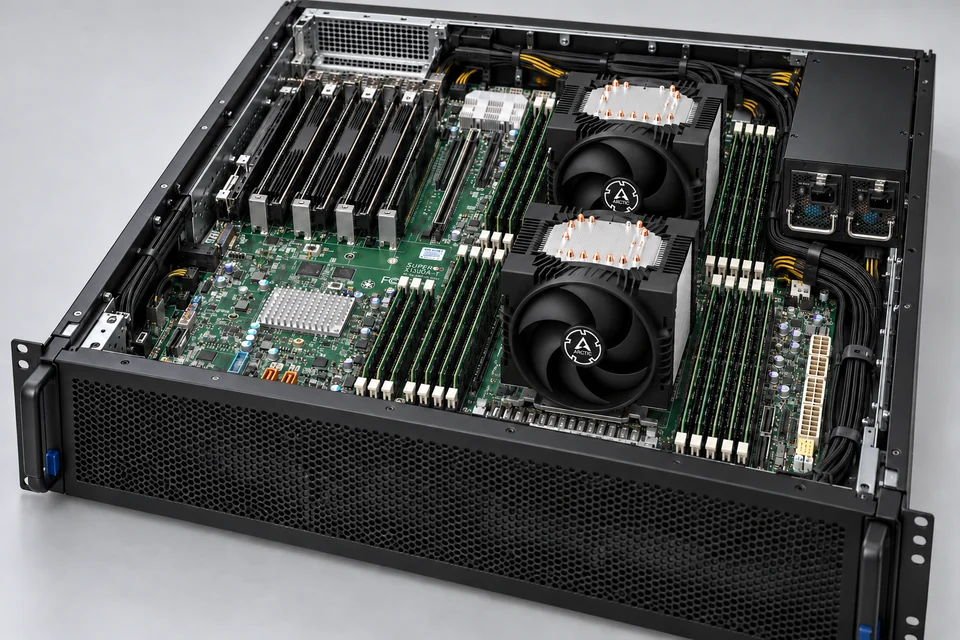 Illustration of a 4RU server interior with a dual-processor motherboard, CPU coolers, memory banks, storage and redundant power hardware.