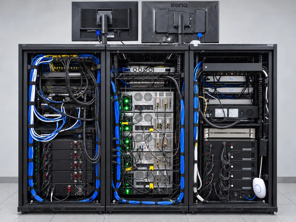 Rear of Crawfords server racks, with server connections, network cabling and power equipment.