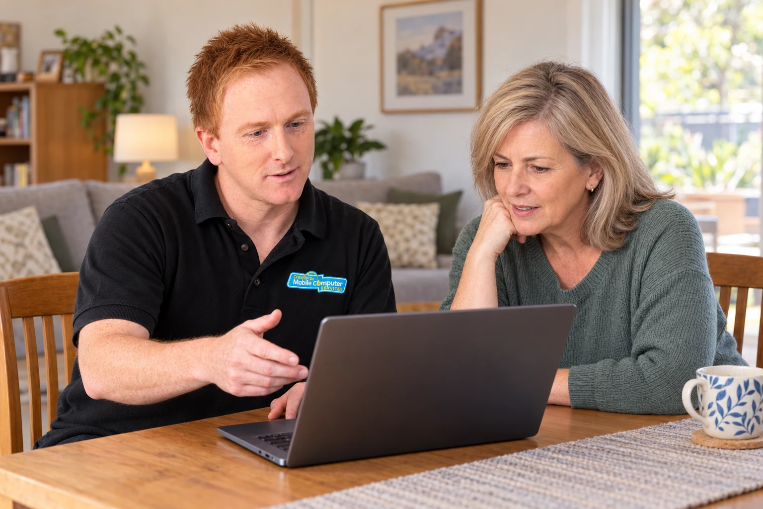 David explaining a laptop setup in a living room