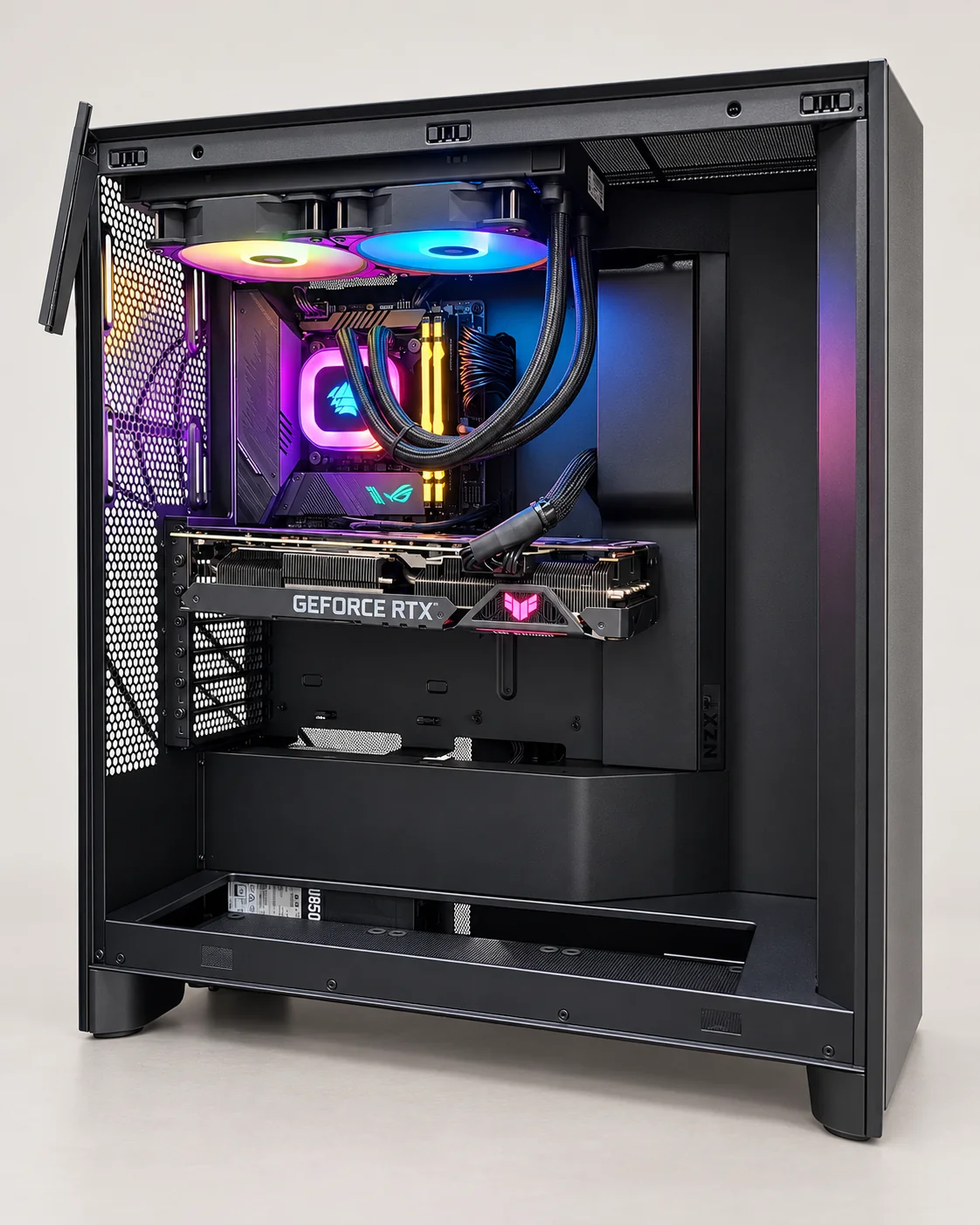 Black desktop tower with a graphics card, liquid cooling and colourful lighting.