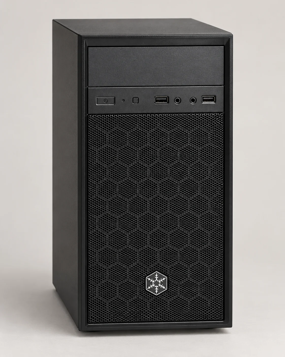 An understated black desktop tower.