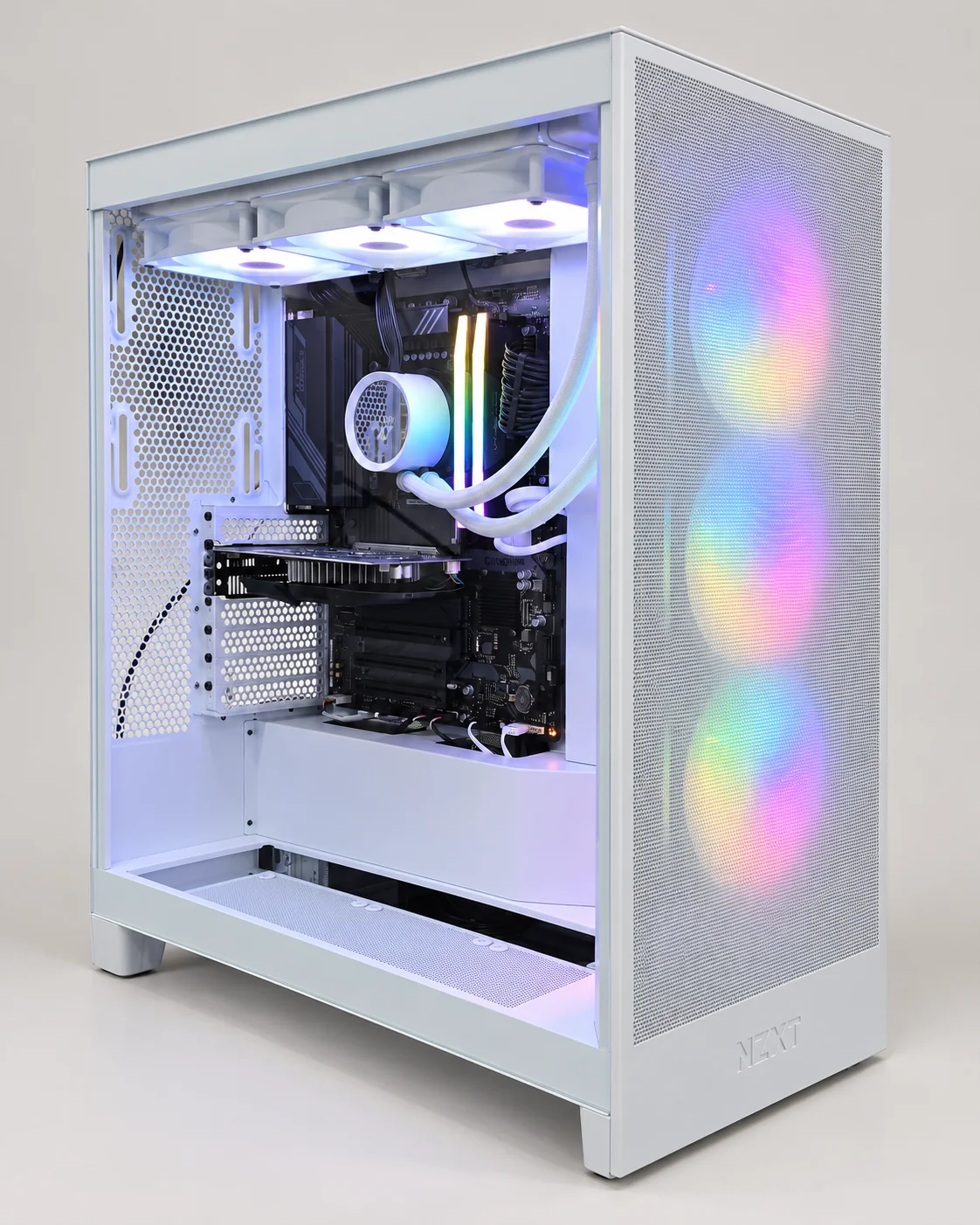 White desktop tower with illuminated fans and a view of its internal components.