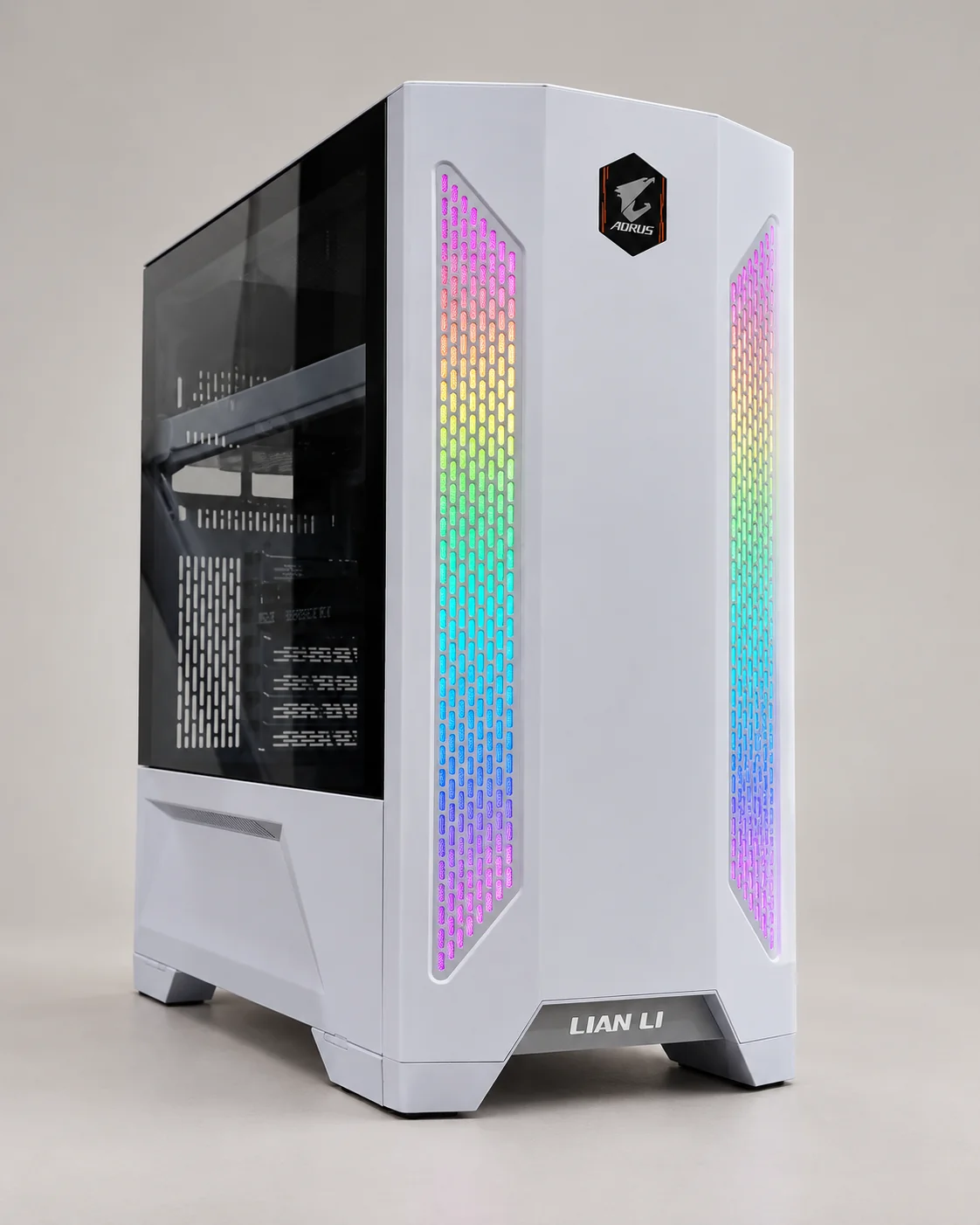 White Lian Li desktop case with two rainbow-lit front strips.