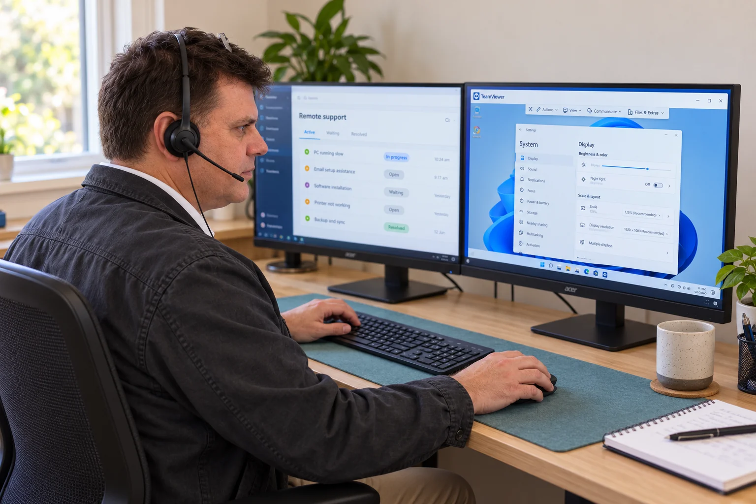 Illustration of Ben assisting a customer remotely from a two-screen home-office desk.