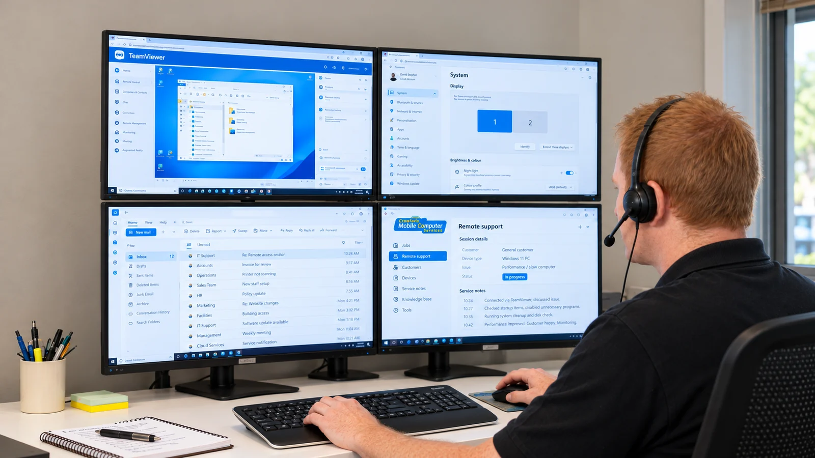 Illustration of David, viewed from behind his shoulder, providing remote support at a four-screen workstation.