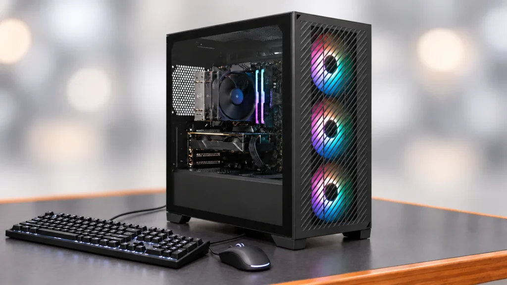 A finished Cooler Master Elite 301 RGB desktop with keyboard and mouse on a black workshop bench with timber edging and a softly blurred neutral background