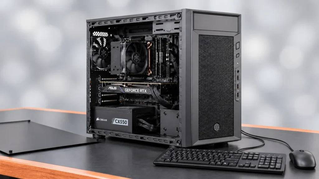 A finished SilverStone FARA 311 desktop with its metal side panel lying flat, keyboard and mouse on a black workshop bench with timber edging and a softly blurred neutral background
