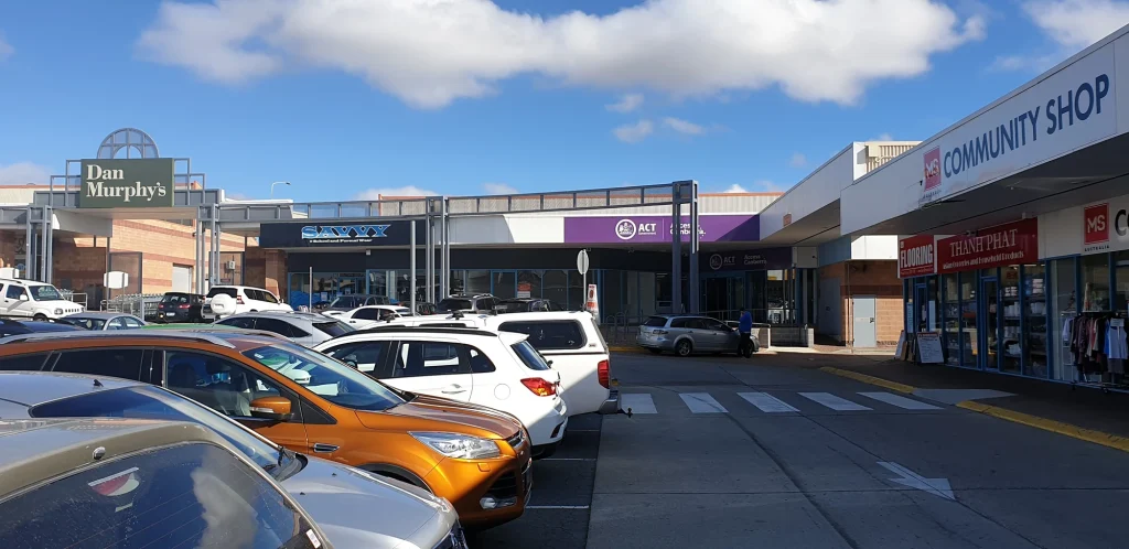 Homeworld car park and surrounding shops in June 2019, before Crawfords signage was installed