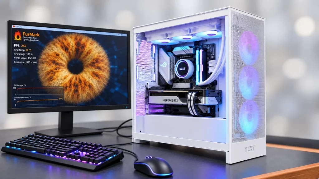 A finished white NZXT H7 Flow RGB gaming desktop beside a monitor running FurMark, with keyboard and mouse on a black workshop bench with timber edging and a softly blurred neutral background