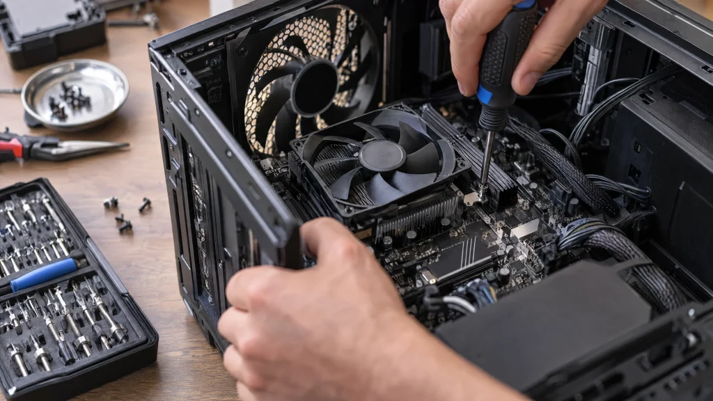 Hands using a screwdriver to work on the CPU cooler inside an open desktop computer