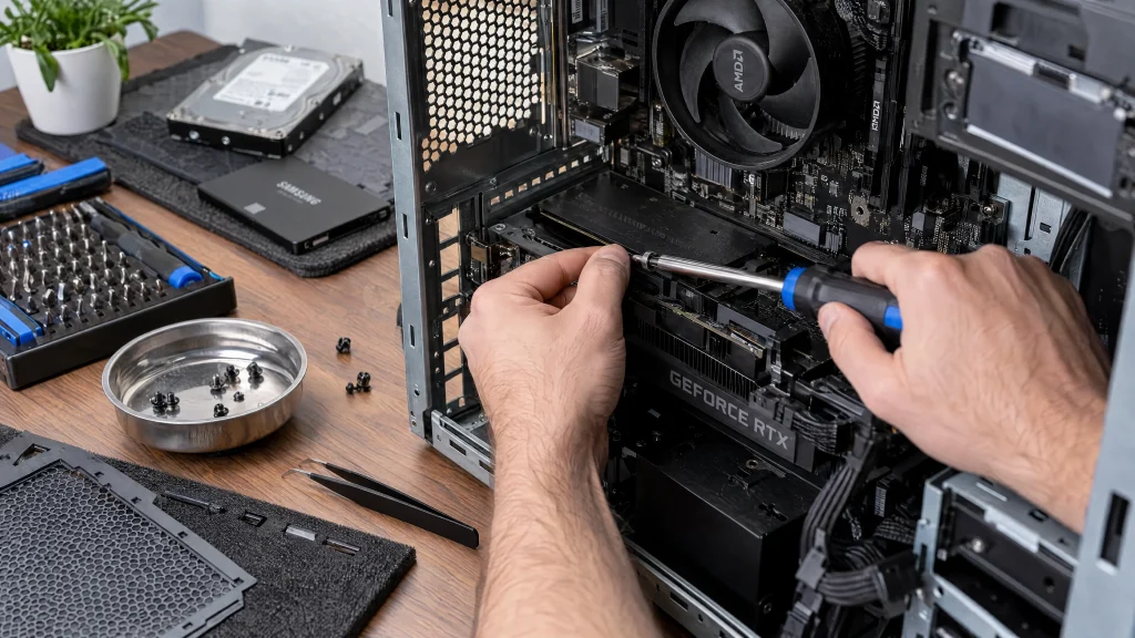 Hands using a screwdriver while servicing a graphics card inside an open desktop computer
