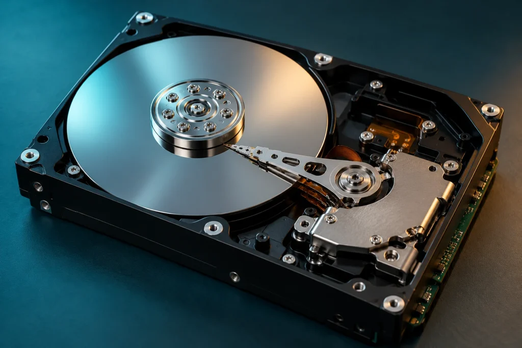 Exposed hard disk platter, spindle and read/write actuator arm