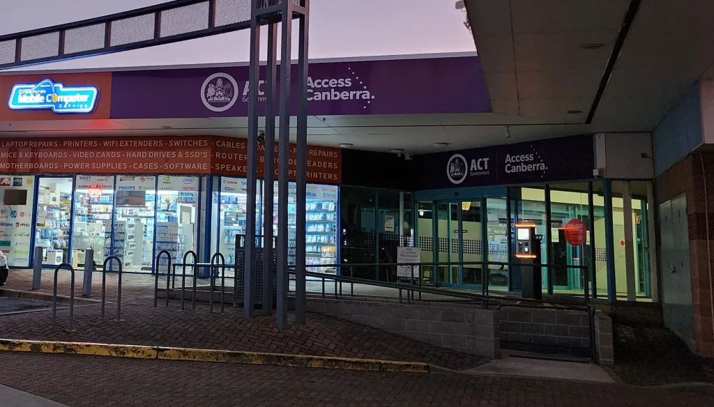 Crawfords shop entrance at Homeworld, immediately beside the Access Canberra entrance, photographed in April 2023
