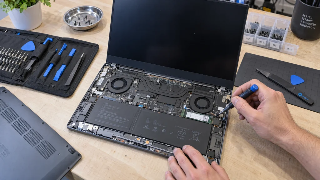 Hands using a precision screwdriver while servicing the SSD inside an open laptop