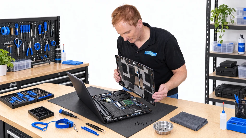 A Crawfords technician removing the keyboard assembly from an open laptop on a tidy repair bench