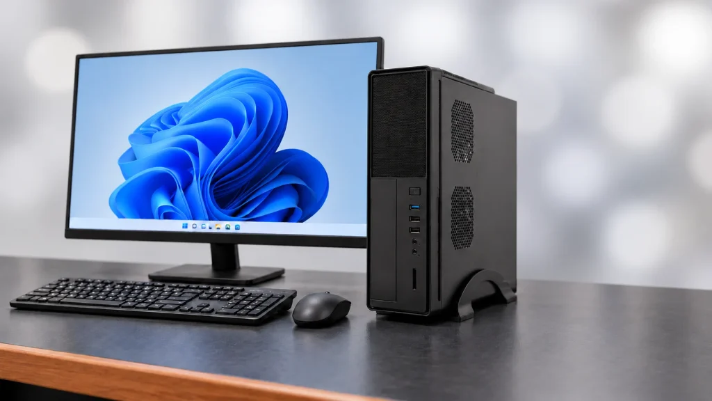 A slim S612-U3 office computer with monitor, keyboard and mouse on a black workshop bench with timber edging and a softly blurred neutral background