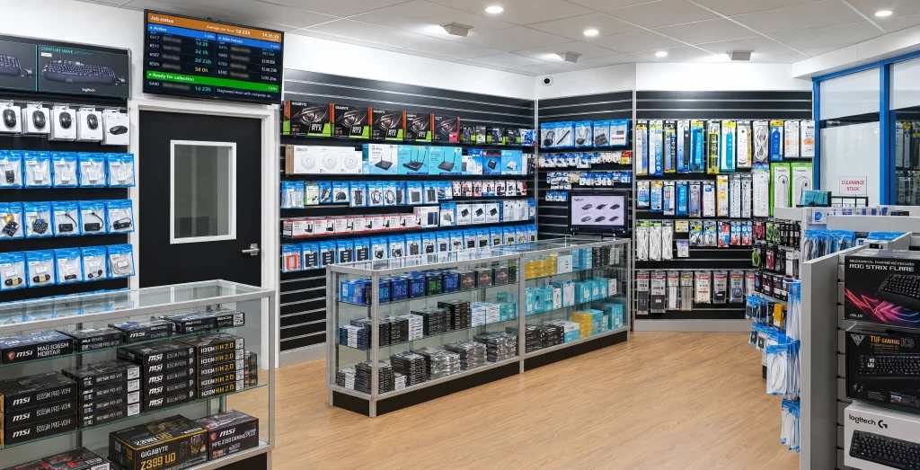 Parts, cables and computer accessories neatly displayed inside the Greenway shop