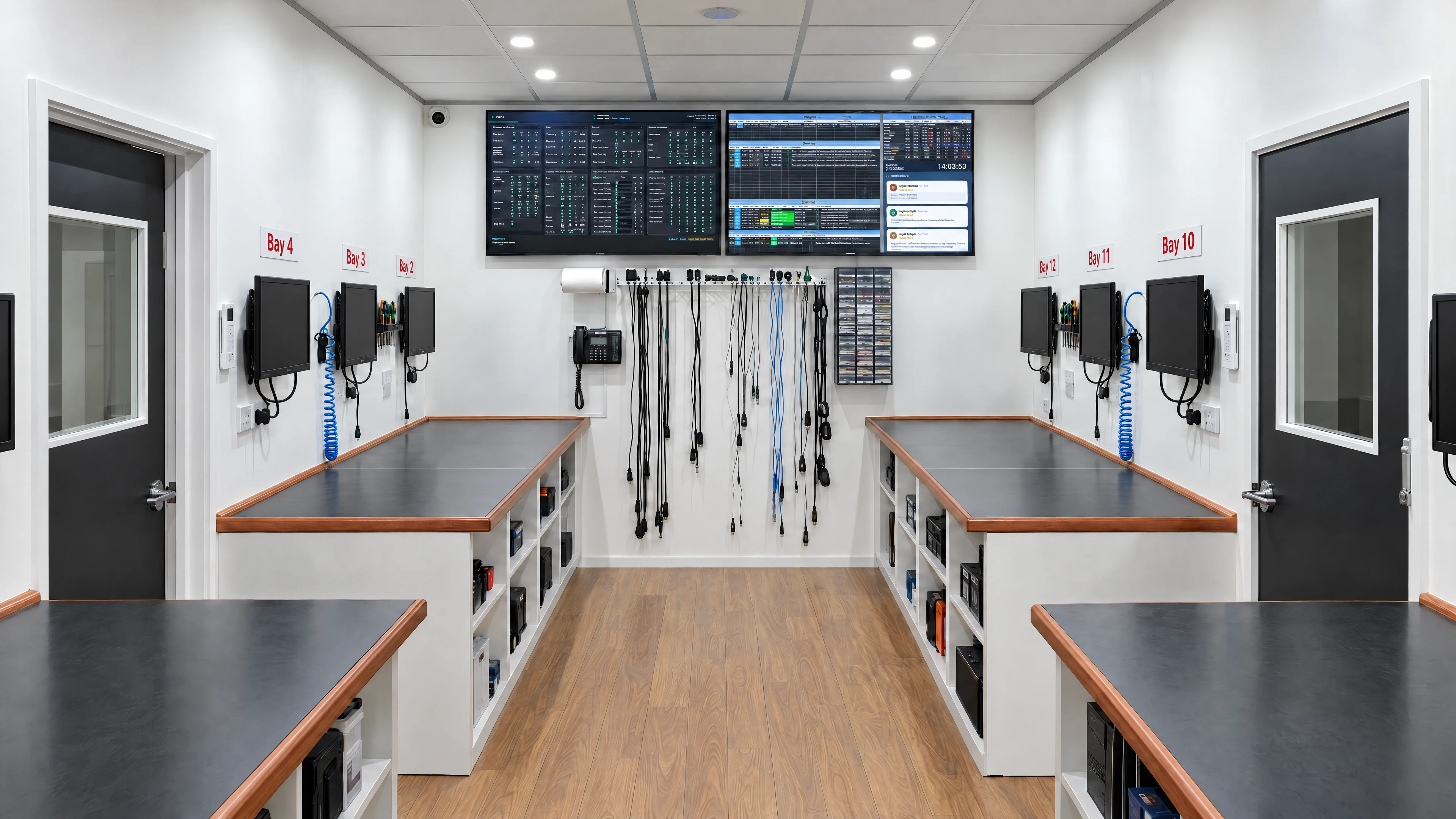 Clean computer repair workstations and monitoring screens in the Greenway workshop