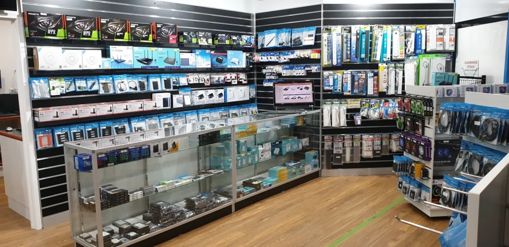 Computer parts, cables and accessories displayed inside the Greenway shop